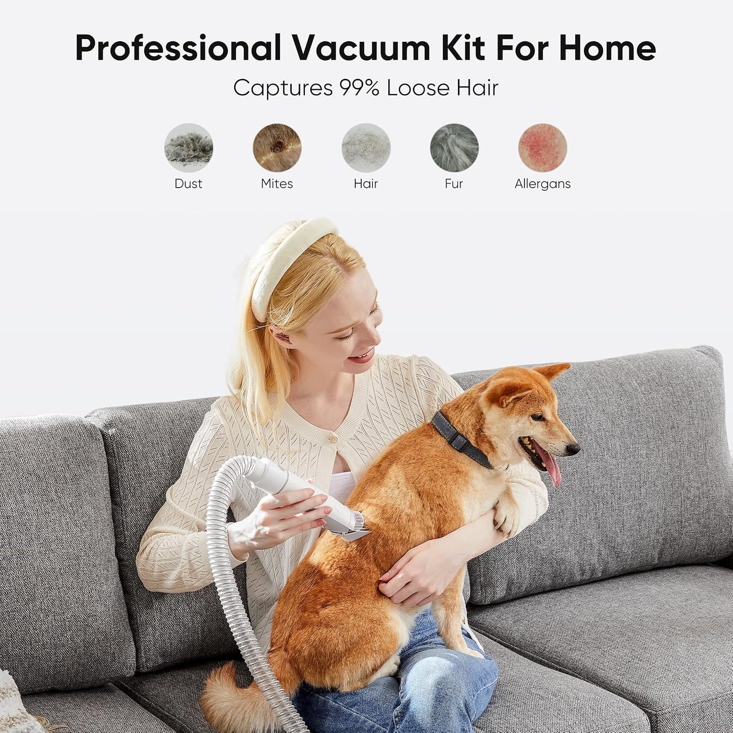 Pet Grooming Vacuum Kit for Cats and Dogs, 2.5L Dust Cup | 3 Suction Modes and 5 Groomer Tools, Low Noise for Cats, Dogs Other Animals Hair Trimmer, White