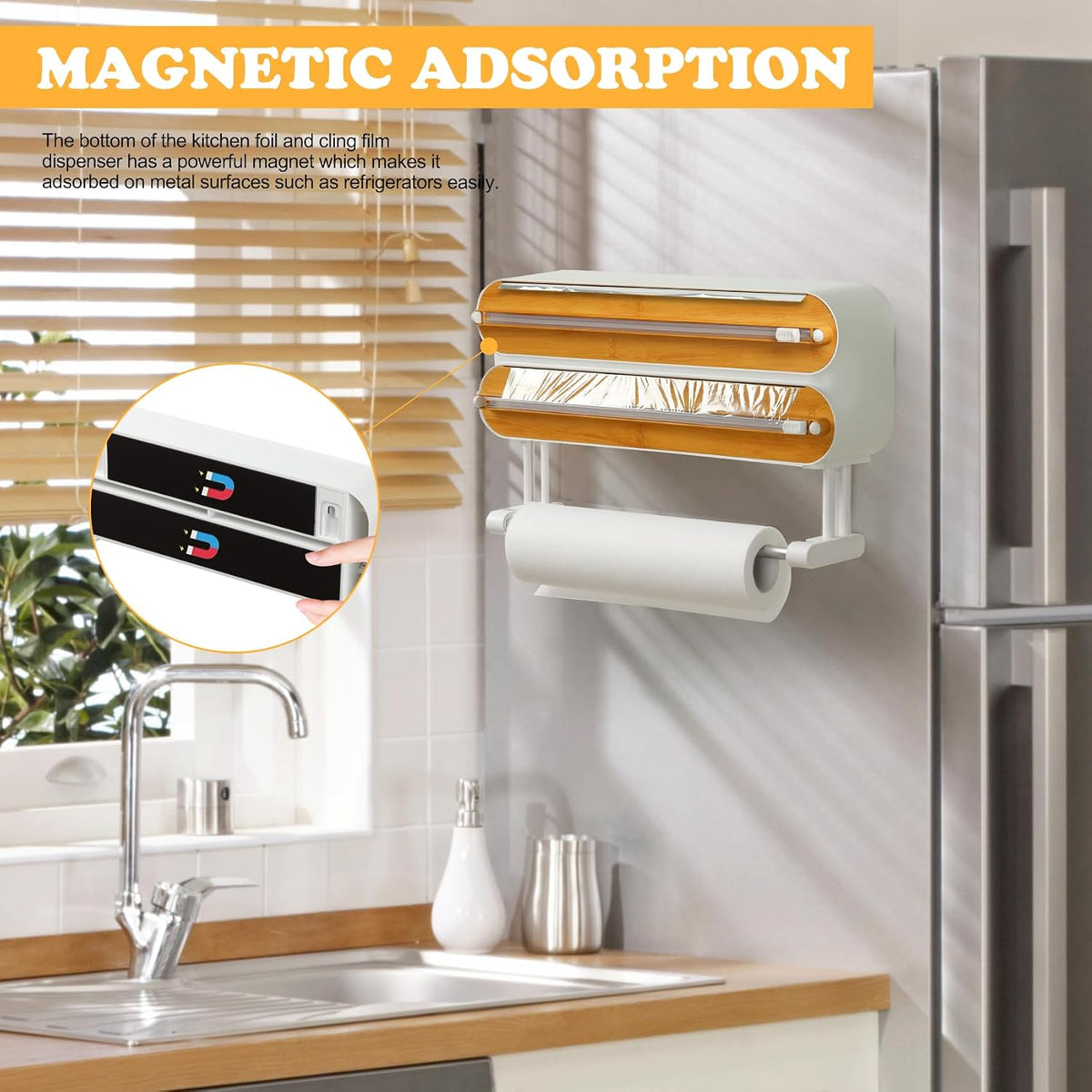 Magnetic Plastic Wrap Dispenser with Cutter -  Refillable Tin Foil and Plastic Wrap Organizer for Kitchen, Aluminum Foil Dispenser with Paper Towel Holder Wall Mount - Fits 12" Roll, White