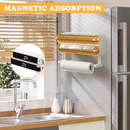 Magnetic Plastic Wrap Dispenser with Cutter -  Refillable Tin Foil and Plastic Wrap Organizer for Kitchen, Aluminum Foil Dispenser with Paper Towel Holder Wall Mount - Fits 12" Roll, White