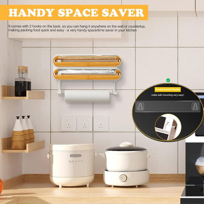 Magnetic Plastic Wrap Dispenser with Cutter -  Refillable Tin Foil and Plastic Wrap Organizer for Kitchen, Aluminum Foil Dispenser with Paper Towel Holder Wall Mount - Fits 12" Roll, White