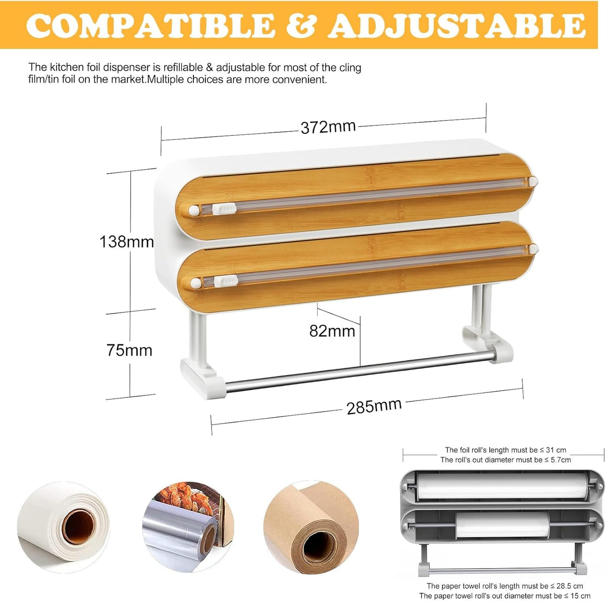 Magnetic Plastic Wrap Dispenser with Cutter -  Refillable Tin Foil and Plastic Wrap Organizer for Kitchen, Aluminum Foil Dispenser with Paper Towel Holder Wall Mount - Fits 12" Roll, White