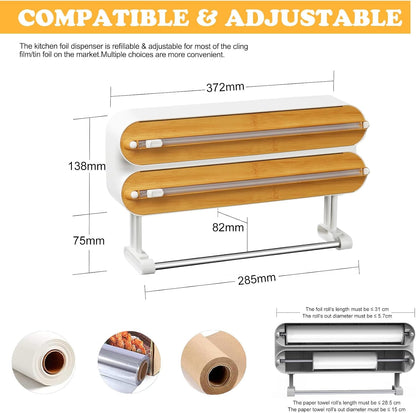 Magnetic Plastic Wrap Dispenser with Cutter -  Refillable Tin Foil and Plastic Wrap Organizer for Kitchen, Aluminum Foil Dispenser with Paper Towel Holder Wall Mount - Fits 12" Roll, White