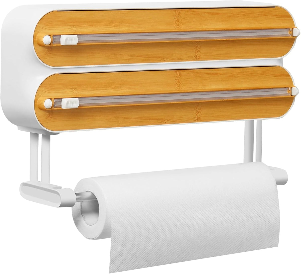 Magnetic Plastic Wrap Dispenser with Cutter -  Refillable Tin Foil and Plastic Wrap Organizer for Kitchen, Aluminum Foil Dispenser with Paper Towel Holder Wall Mount - Fits 12" Roll, White