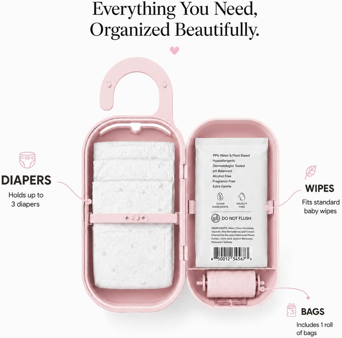 | Baby Pink Diaper Bag Wipe Dispenser | 3-In-1 Portable Diaper Caddy Organizer, Baby Wipe Holder with Disposable Bags | Baby Essentials for Newborns, Toddlers, Travel & Baby Shower Gifts