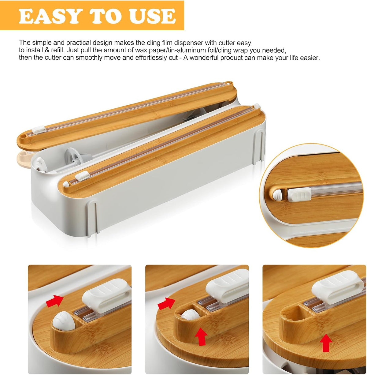 Magnetic Plastic Wrap Dispenser with Cutter -  Refillable Tin Foil and Plastic Wrap Organizer for Kitchen, Aluminum Foil Dispenser with Paper Towel Holder Wall Mount - Fits 12" Roll, White