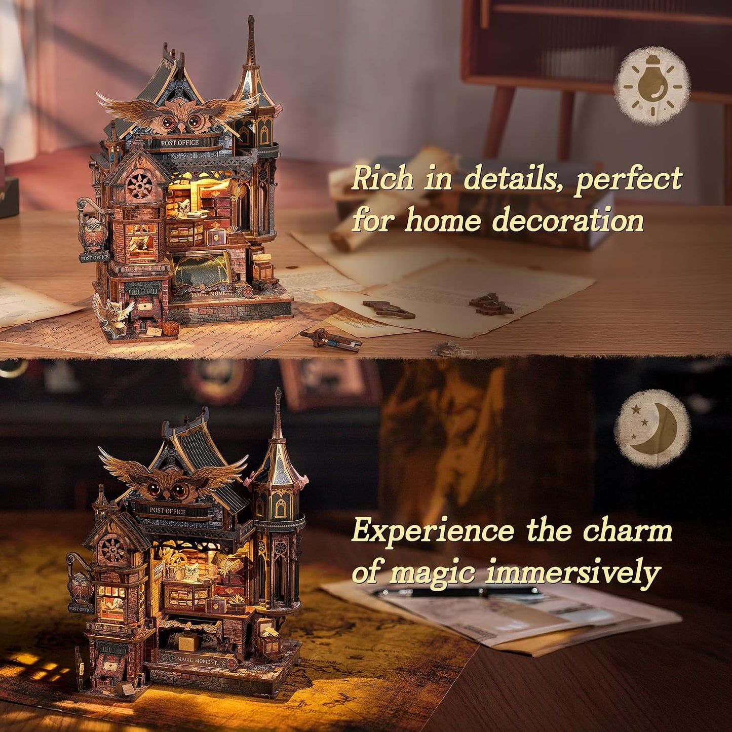 LED 3D Wood Puzzle Owl Post Office, Dynamic Model with Mechanical Gears, DIY Miniature Kit with Music and LED Lights, Home Décor Gift for Adults
