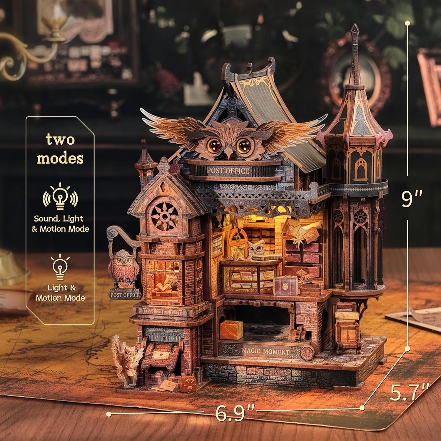 LED 3D Wood Puzzle Owl Post Office, Dynamic Model with Mechanical Gears, DIY Miniature Kit with Music and LED Lights, Home Décor Gift for Adults