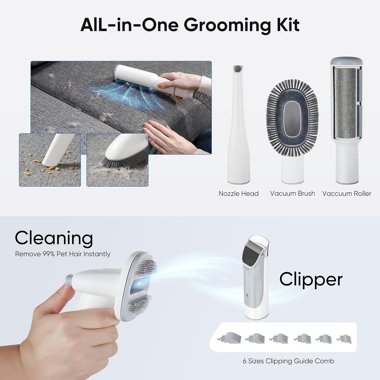 Pet Grooming Vacuum Kit for Cats and Dogs, 2.5L Dust Cup | 3 Suction Modes and 5 Groomer Tools, Low Noise for Cats, Dogs Other Animals Hair Trimmer, White