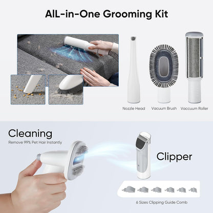 Pet Grooming Vacuum Kit for Cats and Dogs, 2.5L Dust Cup | 3 Suction Modes and 5 Groomer Tools, Low Noise for Cats, Dogs Other Animals Hair Trimmer, White