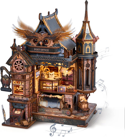LED 3D Wood Puzzle Owl Post Office, Dynamic Model with Mechanical Gears, DIY Miniature Kit with Music and LED Lights, Home Décor Gift for Adults