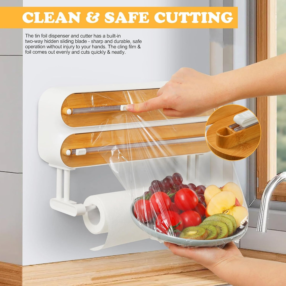 Magnetic Plastic Wrap Dispenser with Cutter -  Refillable Tin Foil and Plastic Wrap Organizer for Kitchen, Aluminum Foil Dispenser with Paper Towel Holder Wall Mount - Fits 12" Roll, White