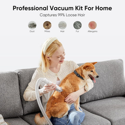 Pet Grooming Vacuum Kit for Cats and Dogs, 2.5L Dust Cup | 3 Suction Modes and 5 Groomer Tools, Low Noise for Cats, Dogs Other Animals Hair Trimmer, White