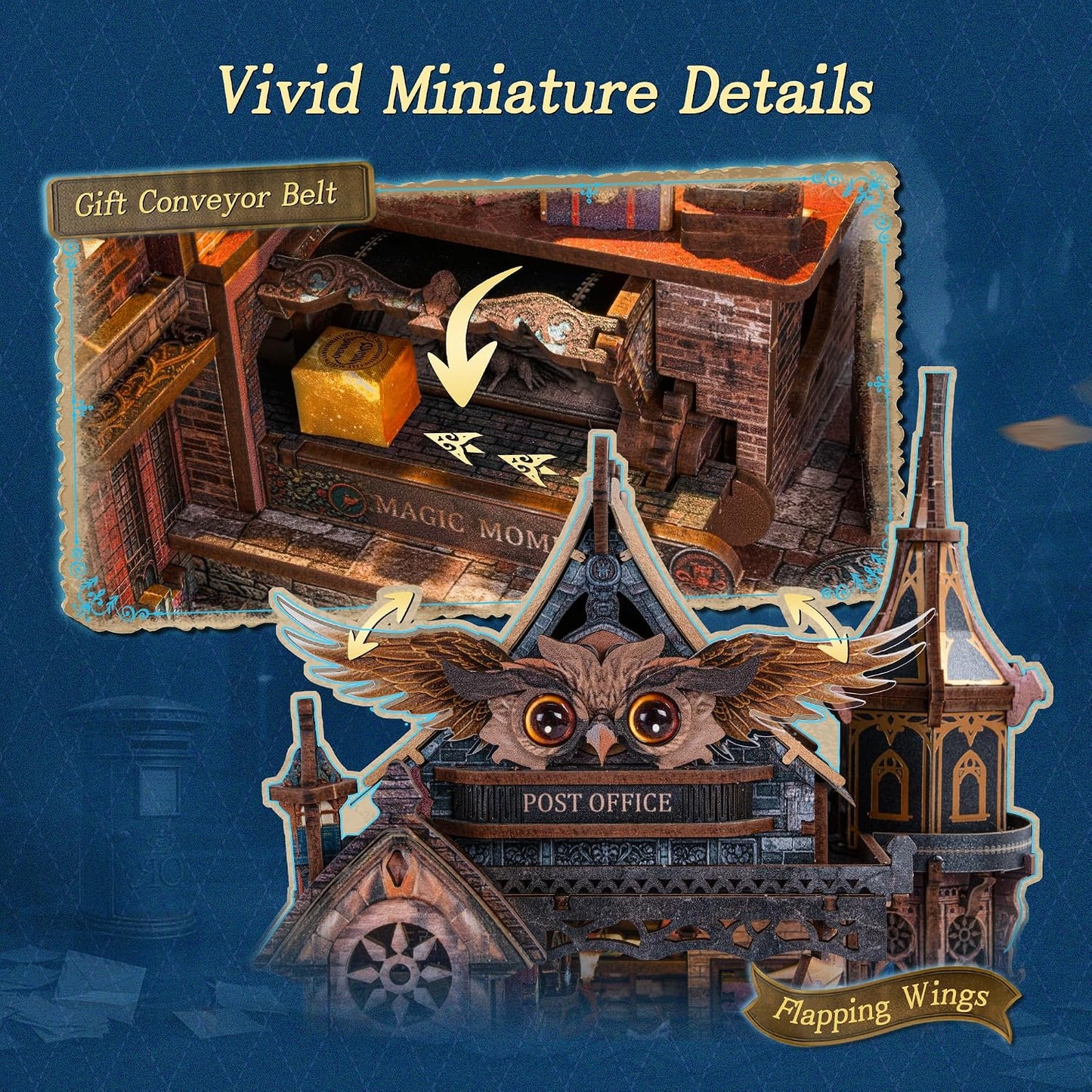 LED 3D Wood Puzzle Owl Post Office, Dynamic Model with Mechanical Gears, DIY Miniature Kit with Music and LED Lights, Home Décor Gift for Adults