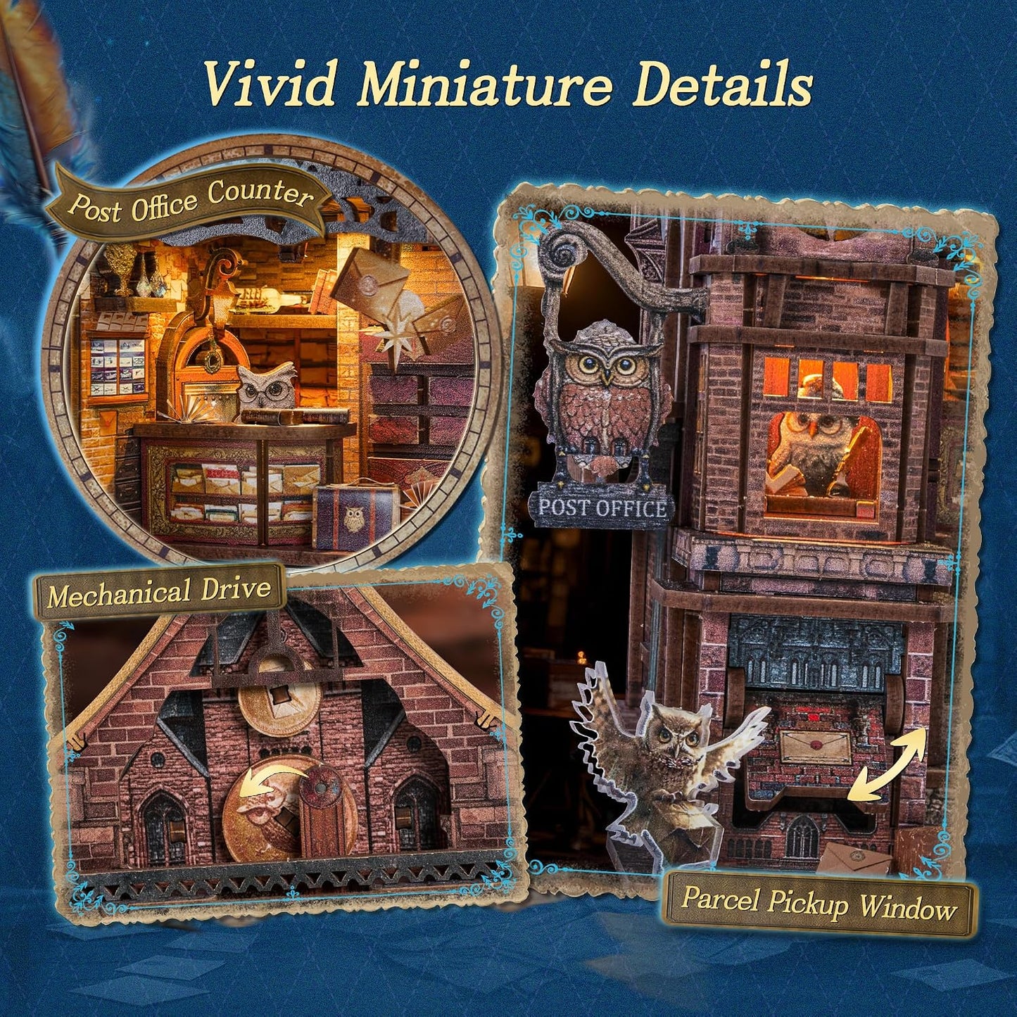 LED 3D Wood Puzzle Owl Post Office, Dynamic Model with Mechanical Gears, DIY Miniature Kit with Music and LED Lights, Home Décor Gift for Adults